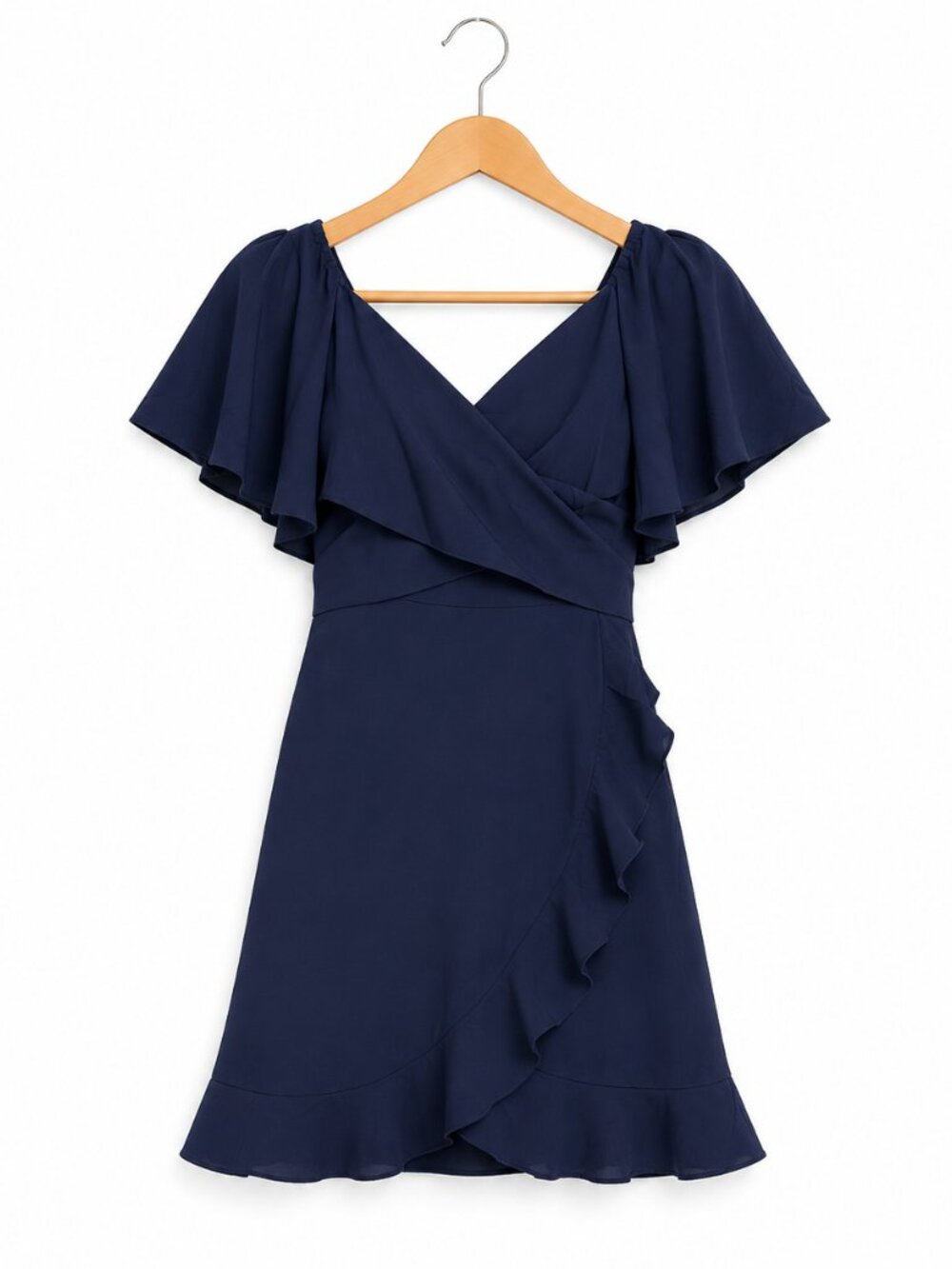 NEW Navy Blue Ruffle Wrap Dress Knee Length Short Sleeves Party Shower Office